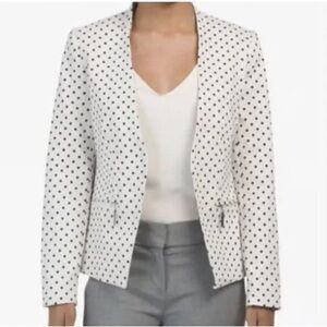 Carmen Marc Valvo White Black Polka Dot Open Front Collarless Blazer Jacket